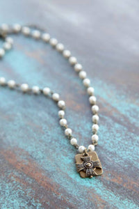 Pink Panache Women's Pearl Bead Chain Linked With Mini Iron Cross Necklace in white - women's jewelry