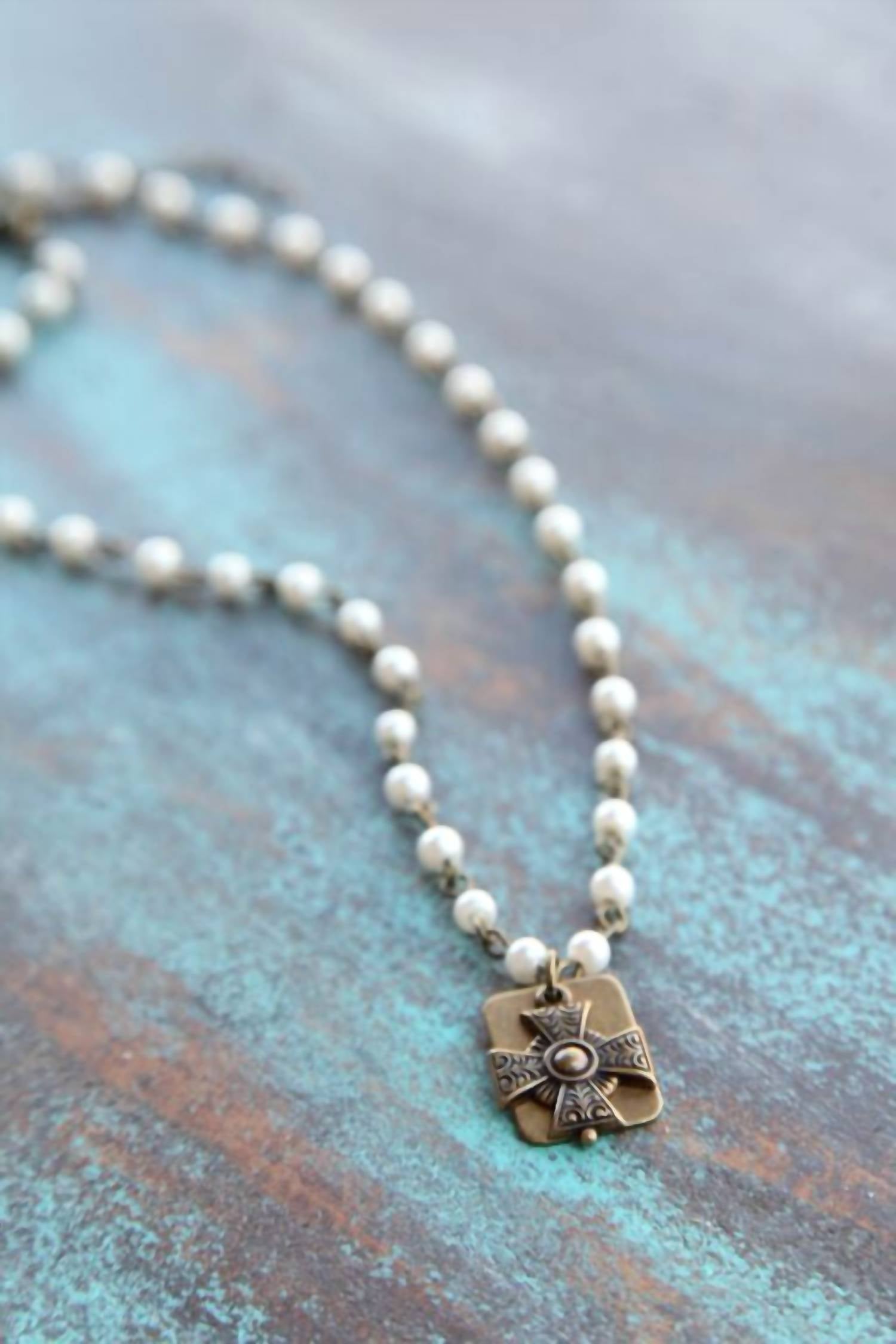 Pink Panache Women's Pearl Bead Chain Linked With Mini Iron Cross Necklace in white - women's jewelry