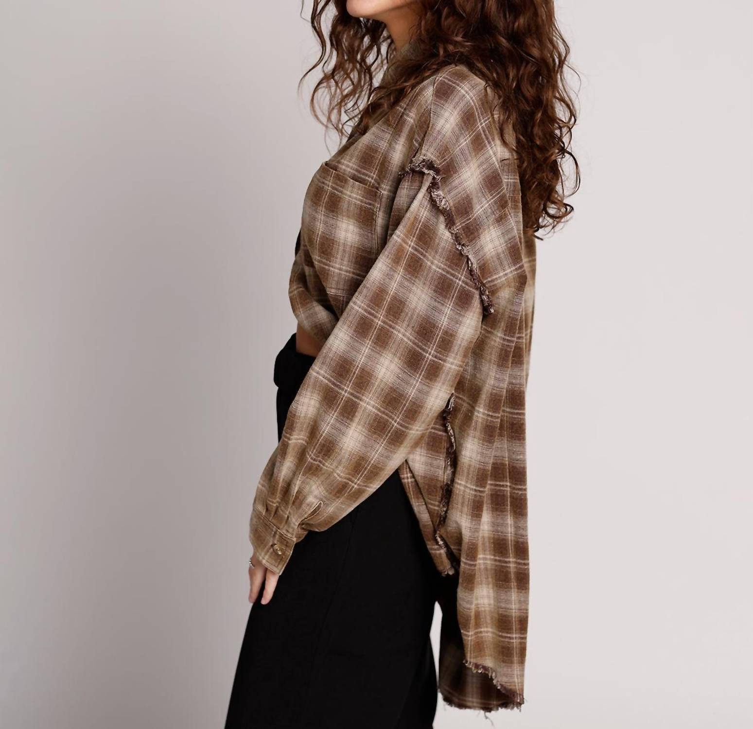 PROMESA Raw Energy Flannel Button Up Shirt in brown - women's long sleeve top - alternate view