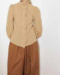 FLYING TOMATO Checkered Print Ruffle Front Shirt in mustard - women's shirt - alternate view