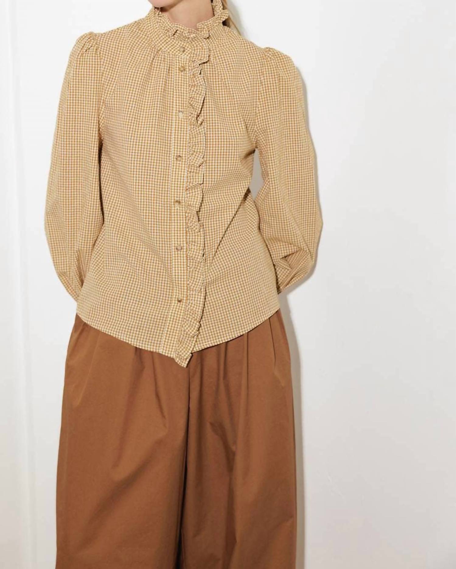 FLYING TOMATO Checkered Print Ruffle Front Shirt in mustard - women's shirt - alternate view