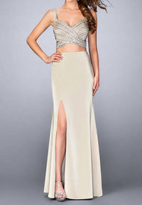La Femme - Glittering Stripes Crisscross Evening Dress