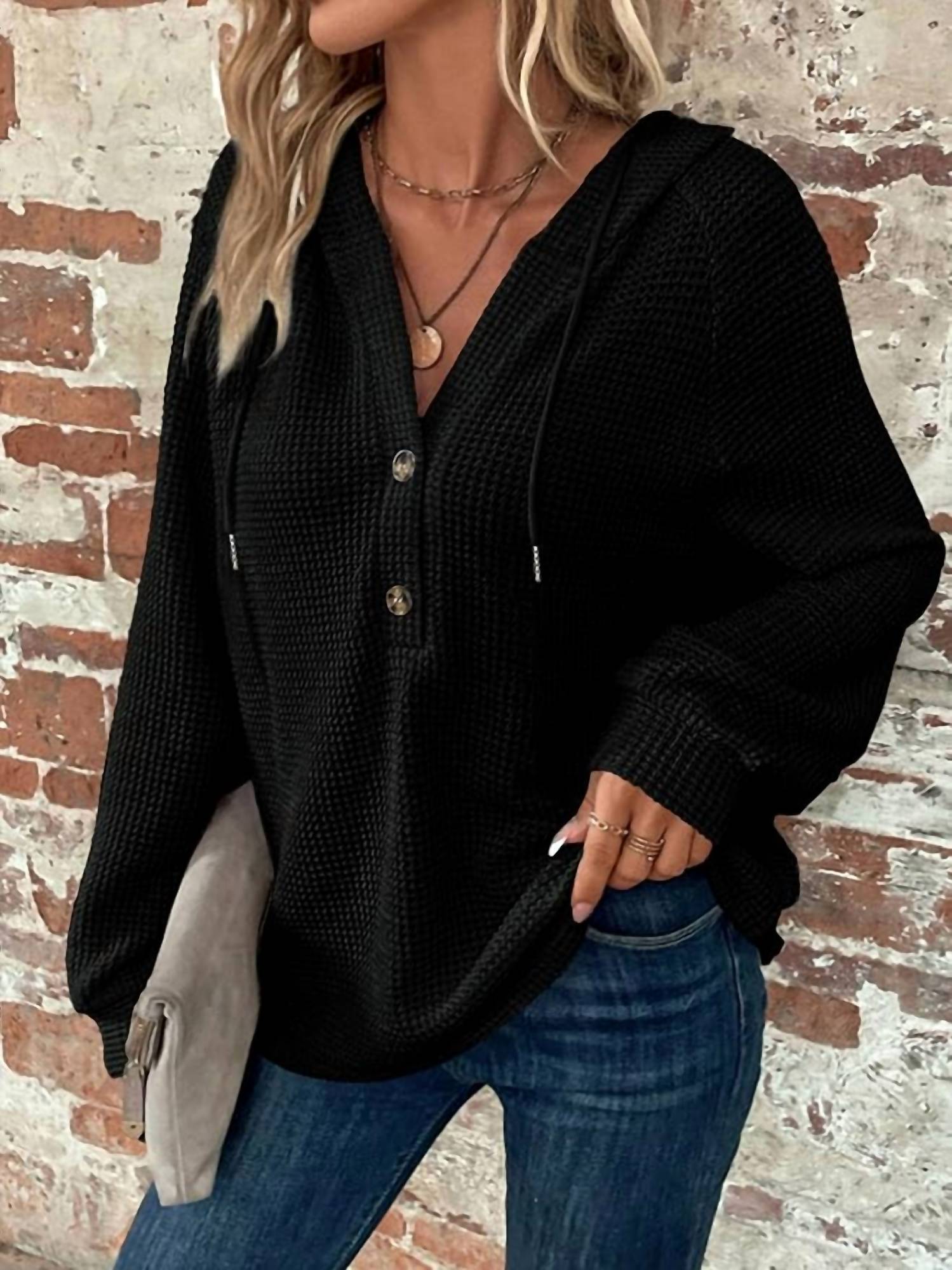 Lily Clothing Waffle Button-up Hoodie Pullover in black - women's top - detail view