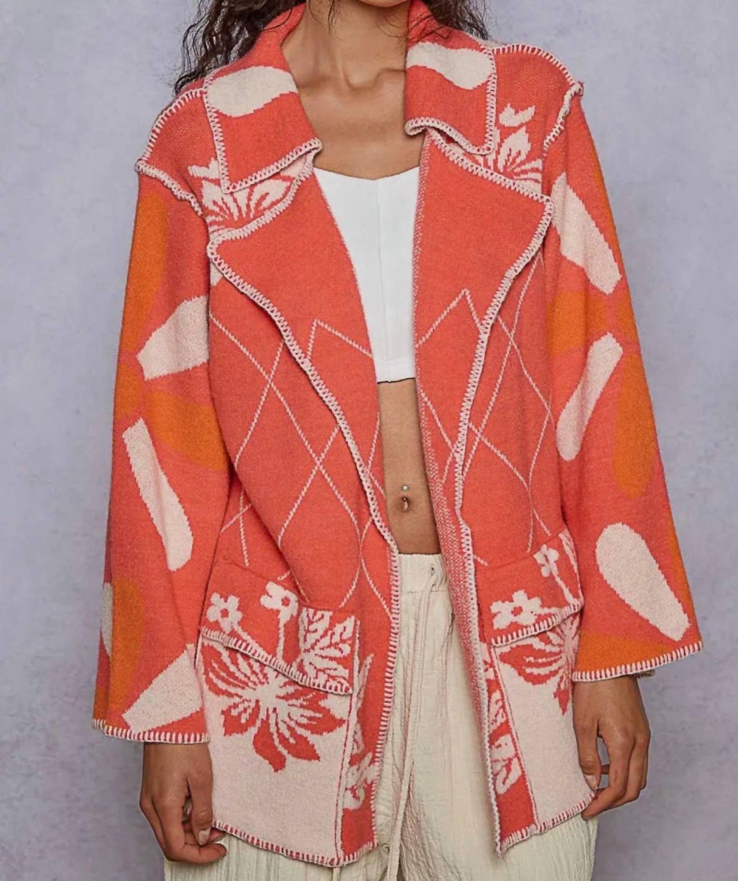 Pol - Stitch Detail Floral Collared Relaxed Fit Cardigan