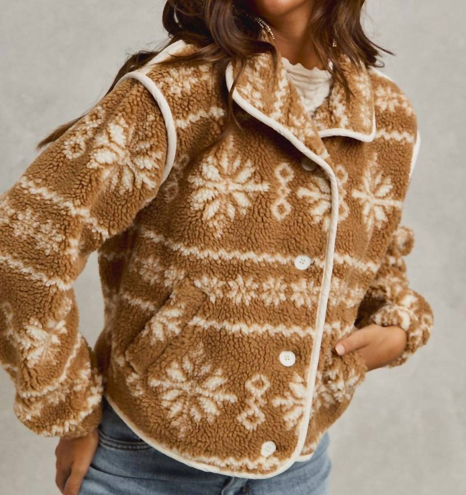 So Me - Sherpa Faux Fair Isle Button Down Jacket