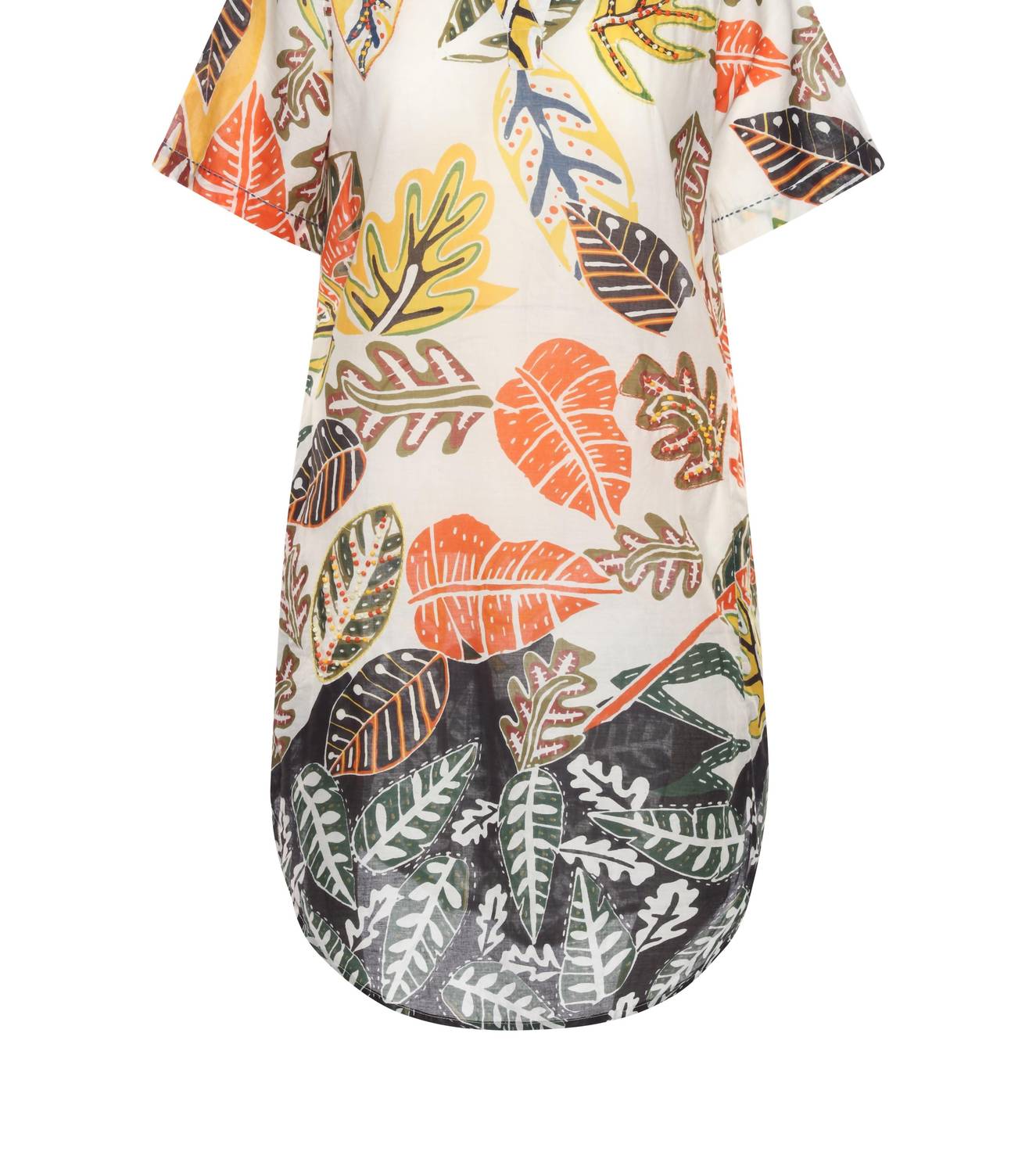 Kikisol - Artisan Leaf With Beading & Embroidered Tunic Top With Pockets