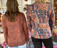 Reversible V Neck Mosaic Print Top