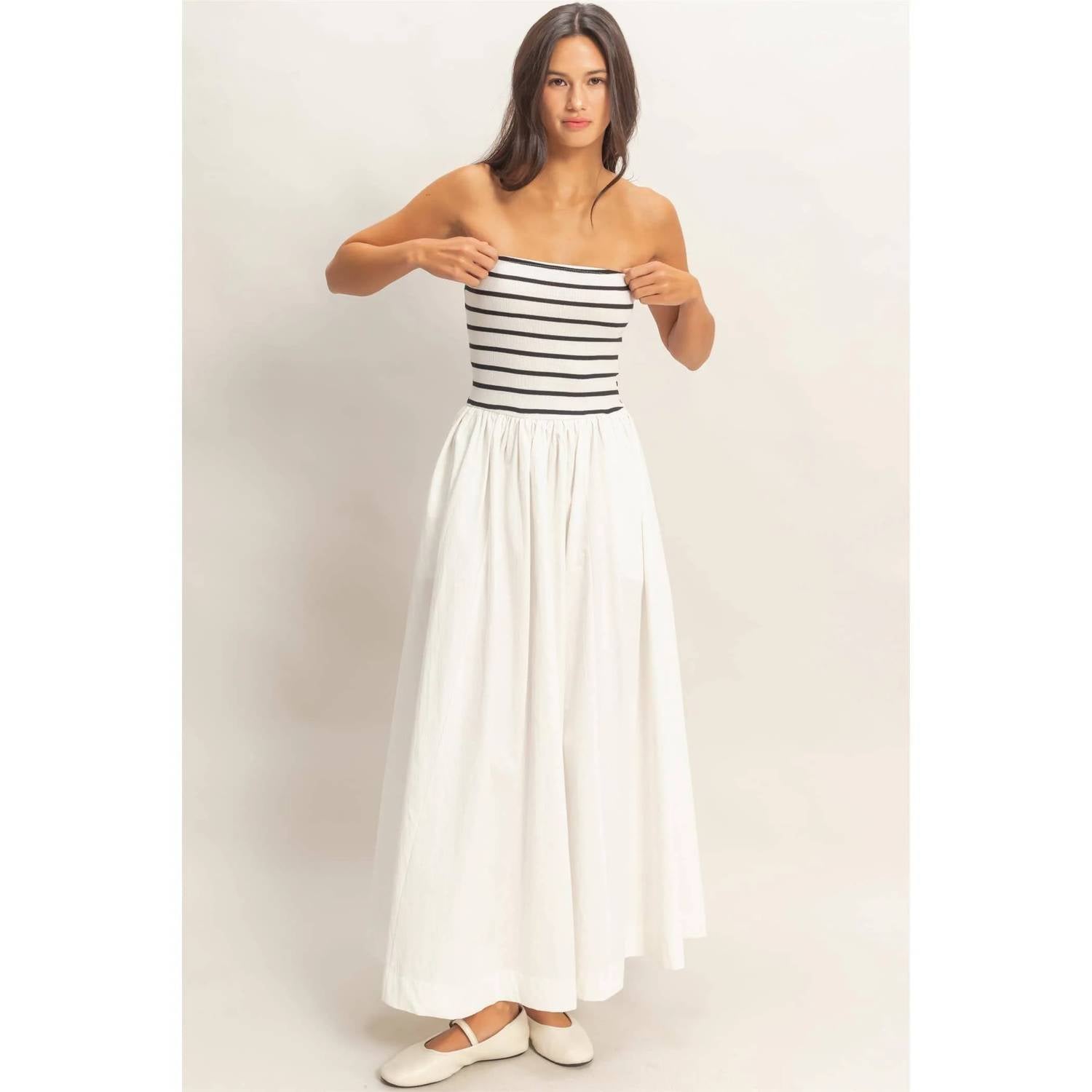 Hyfve - Striped Strapless Flowy Midi Dress