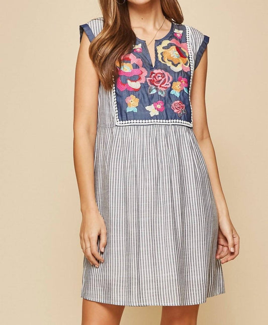 Andree By Unit - Floral Embroidered Stripe Dress