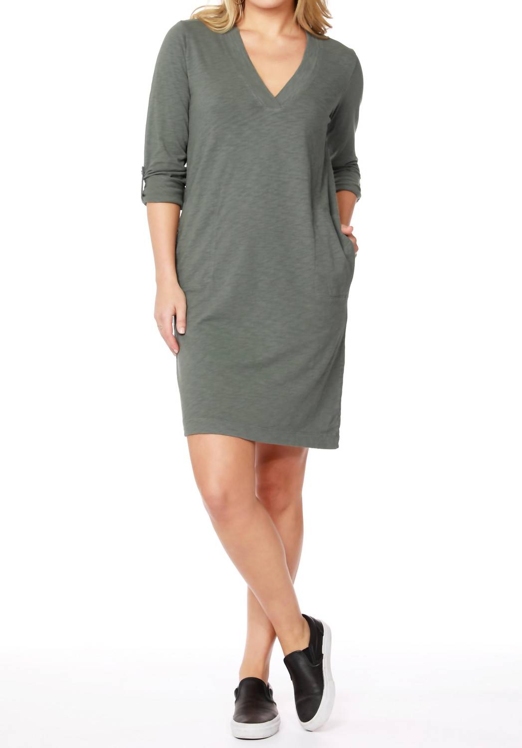 SLEEVE TAB V-NECK DRESS