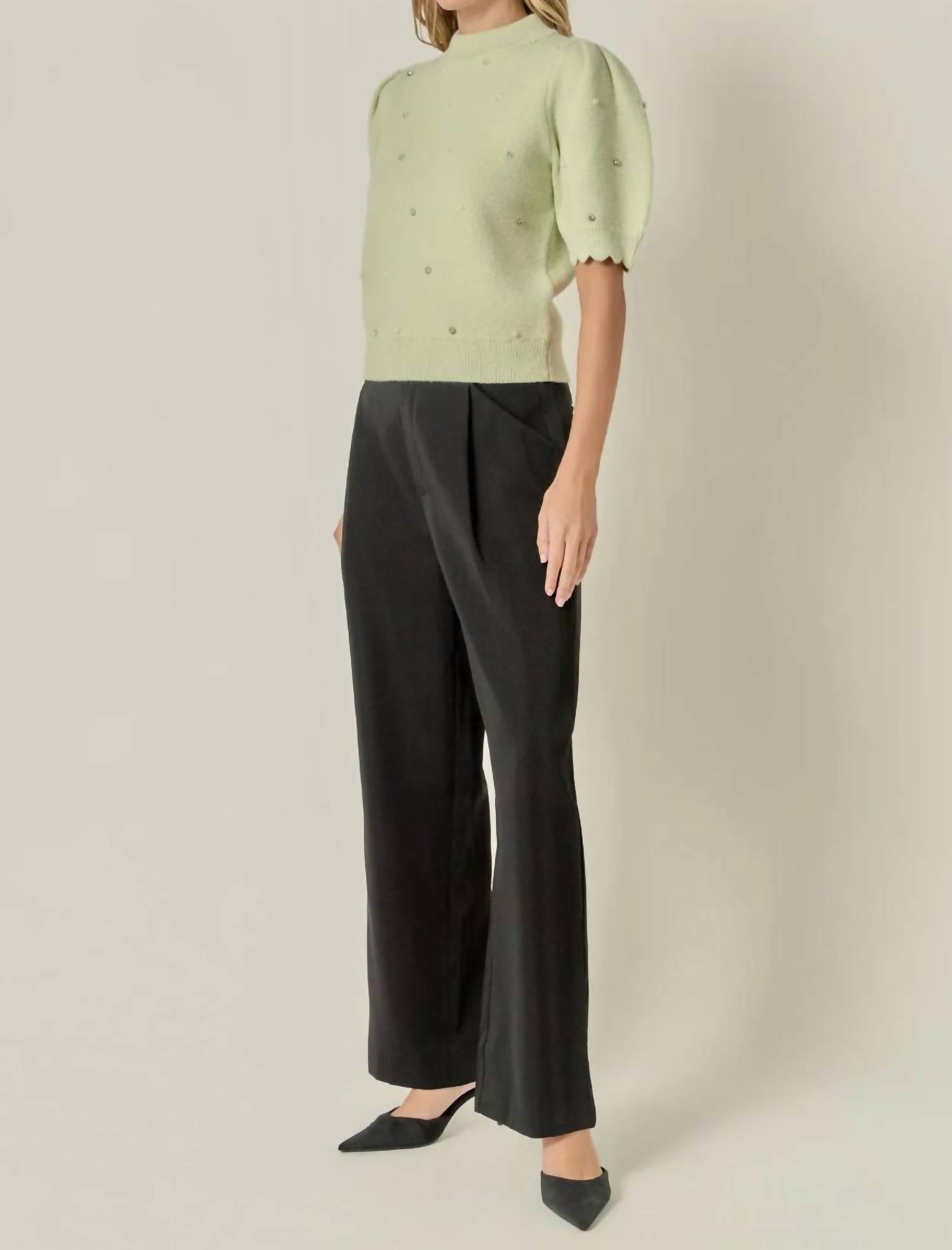 English Factory - Women's Scalloped Puff Sleeve Embellishment Knit Top