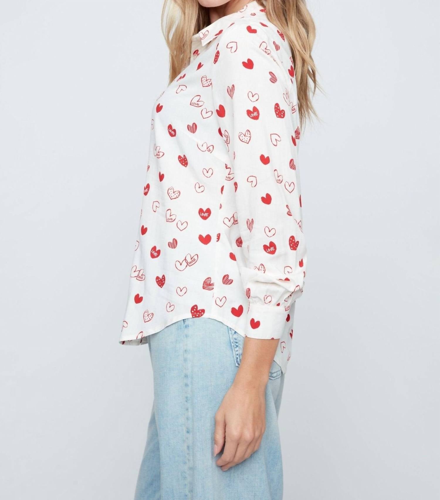 Renuar Heart Prints Button Blouse in scarlet combo - women's blouse - view 4