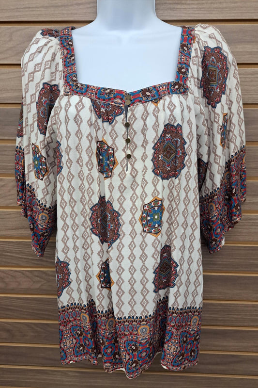 Mittoshop - Women's Boho Paisley Square Neck Half Button Blouse
