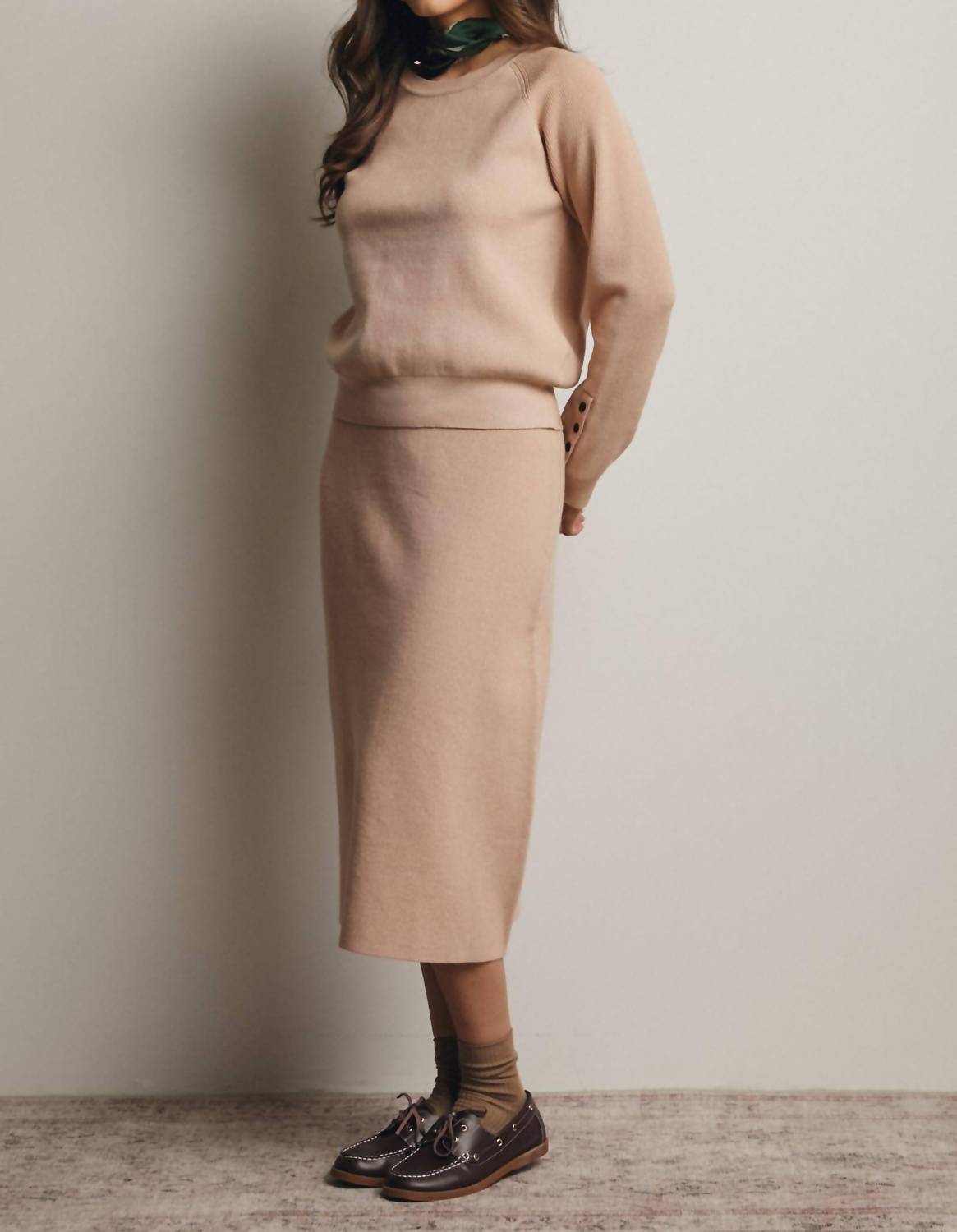 Forte - Ribbed Cuff Sweater & Midi Skirt Knit Set