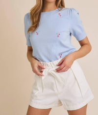 Gilli - Round Neck Puff Sleeve Star Embroidered Knit Top