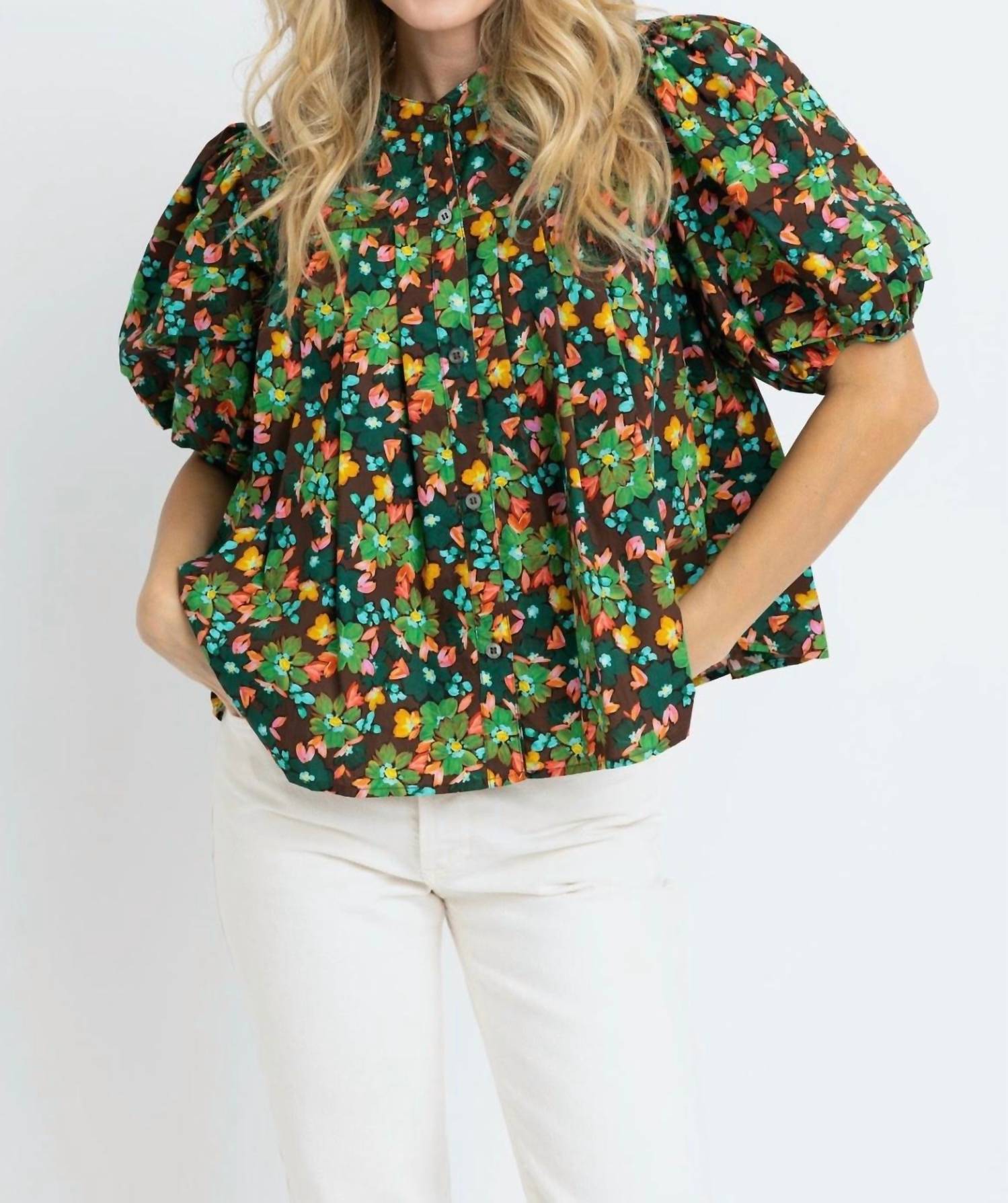 Karlie Floral Button Pleat Top in brown multi - women's blouse