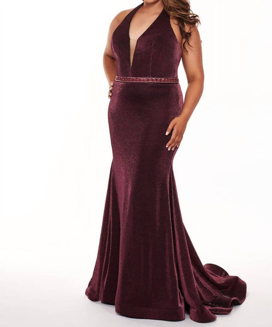 Rachel Allan - Metallic Jersey Halter Neck Prom Gown