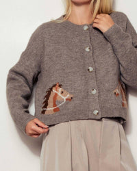 Urban Daizy - Western Horse Graphic Ribbed Trim Crew Neck Cardigan