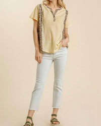 Umgee - Leopard Trim Waffle Knit Top