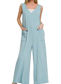 Zenana - French Terry Deep V Neck Jumpsuits
