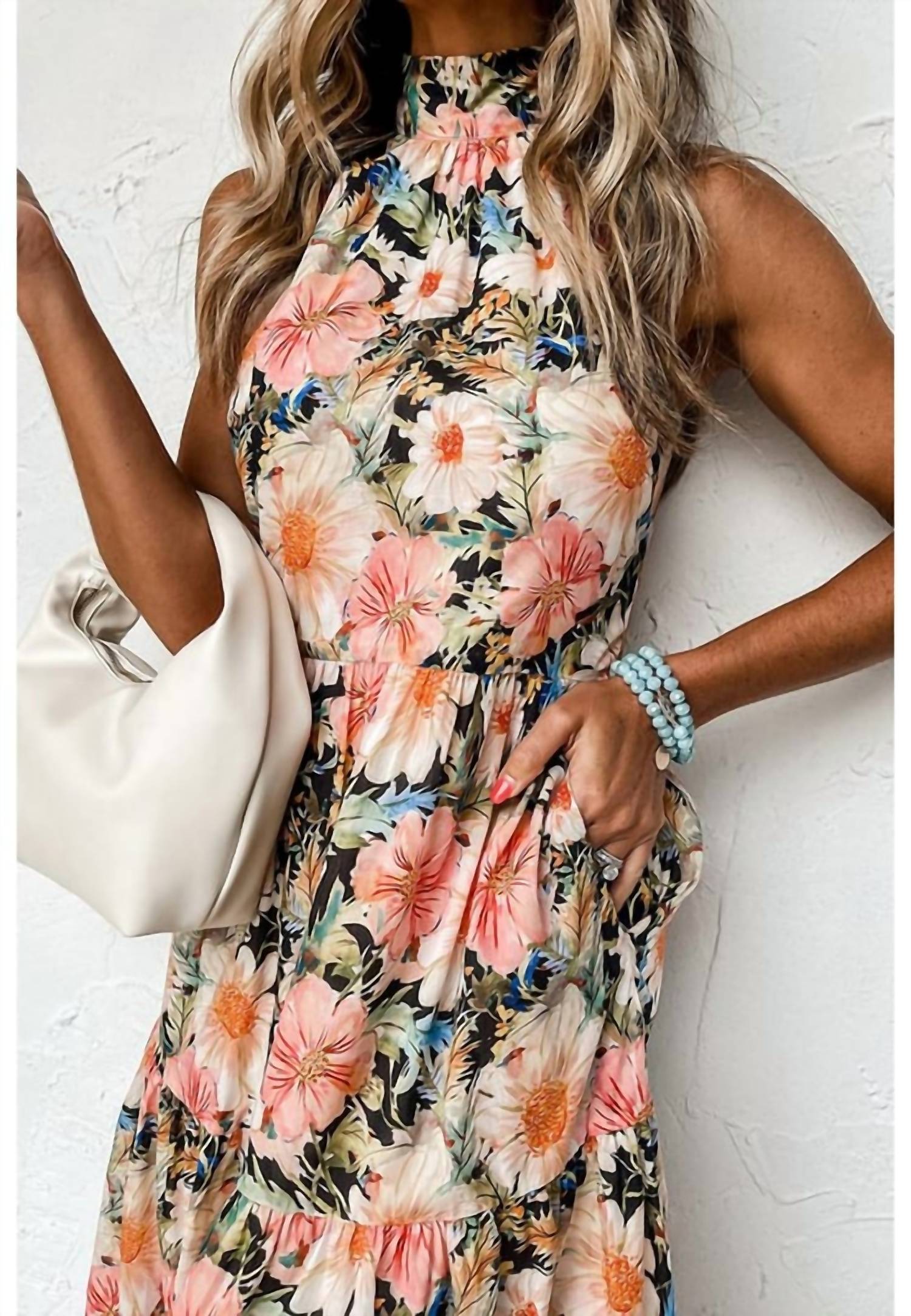 Little Daisy Closet Boho Floral Print Knotted Halter Ruffled Maxi Dress in multi - women's dress - alternate view