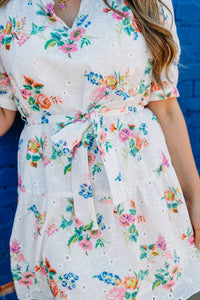 Jade - Floral Eyelet Ruffle Neck Hem Dress