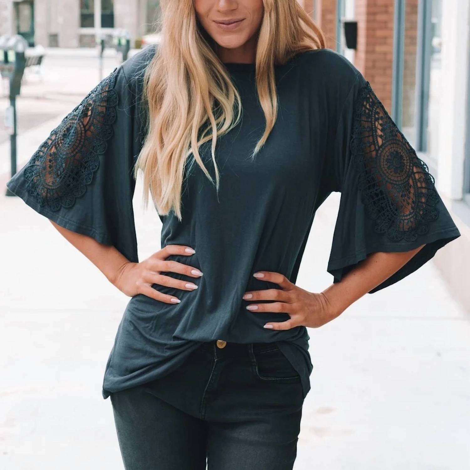 Amaryllis - Crochet Inset Flutter Sleeve Top