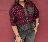 Pine Apparel - Plaid Mixed Media Ruffle Hem Top