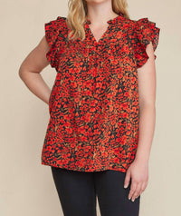 entro Floral Ruffle Sleeve Top in black - women's blouse