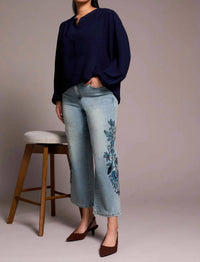 Tribal - Audrey Embroidered Wide Leg Mid Rise Jeans