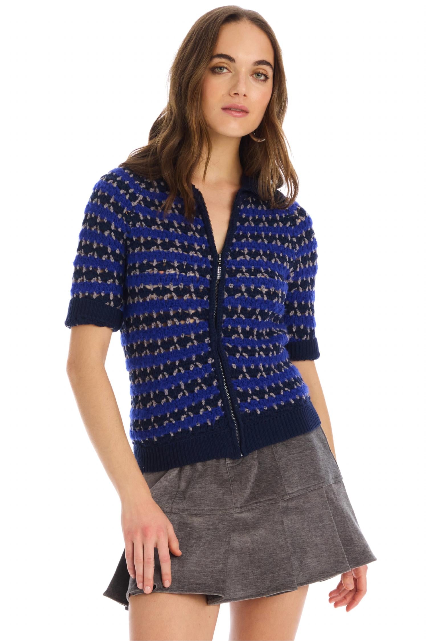 ALLISON NEW YORK Carlyle Zip Up Sweater in blue black - women's sweater - alternate view