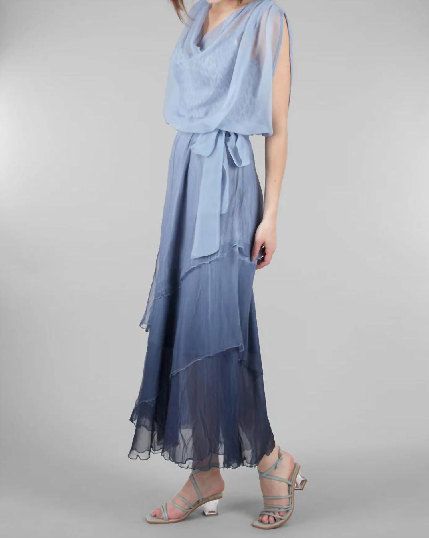 Komarov - Komarov Ombre Cowl Neck Tiered Chiffon Ruffle Dress - Violet Blue