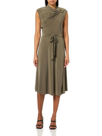 Halston Heritage - Sleeveless Draped Neck Oval Hardware Dress