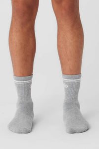 ALO YOGA Unisex Half Crew Throwback Sock in heather grey white - women's accessory - alternate view