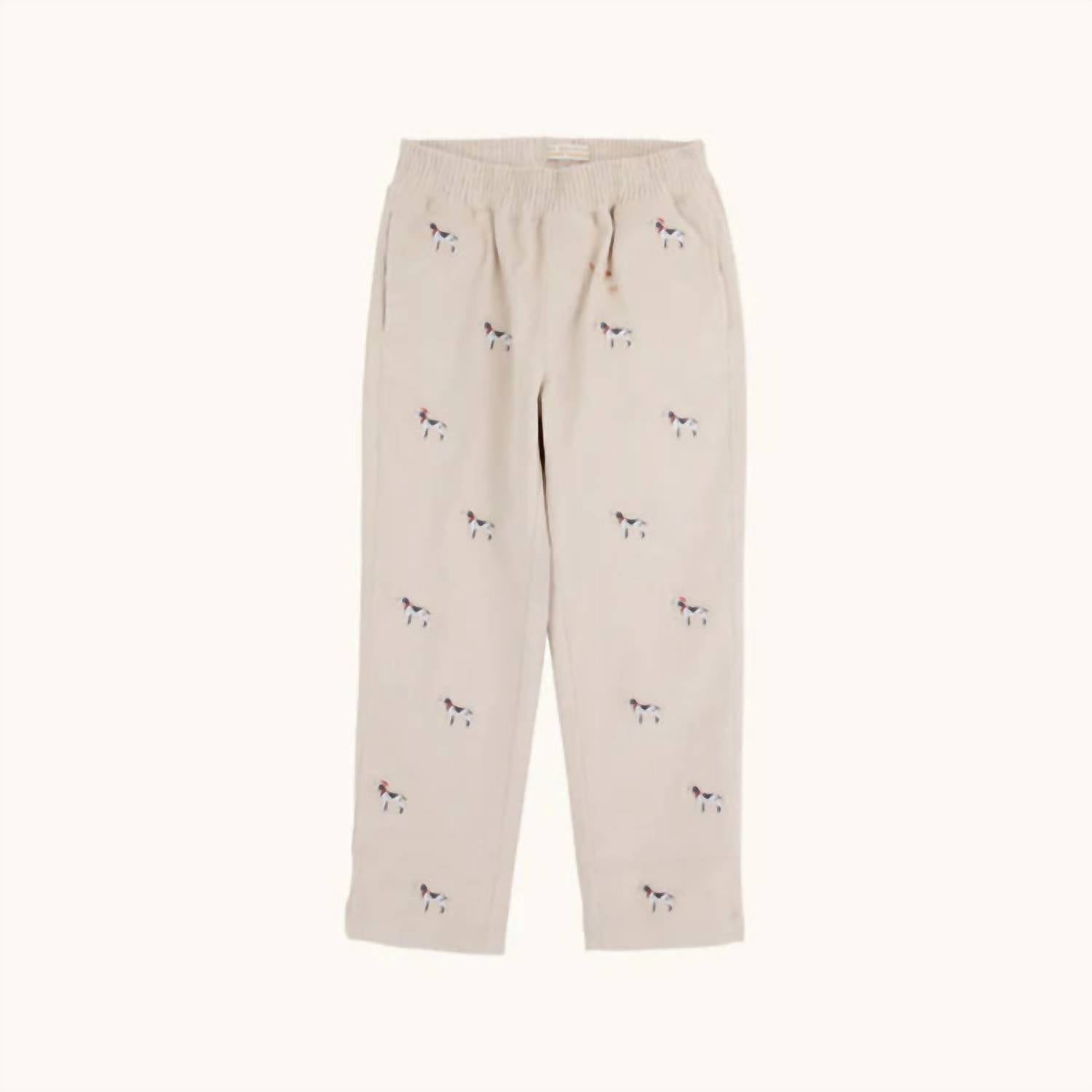 The Beaufort Bonnet Company Critter Sheffield Corduroy Pants With Stork & Santa Dog Embroidery in osprey oatmeal richmond - kids' item - detail view
