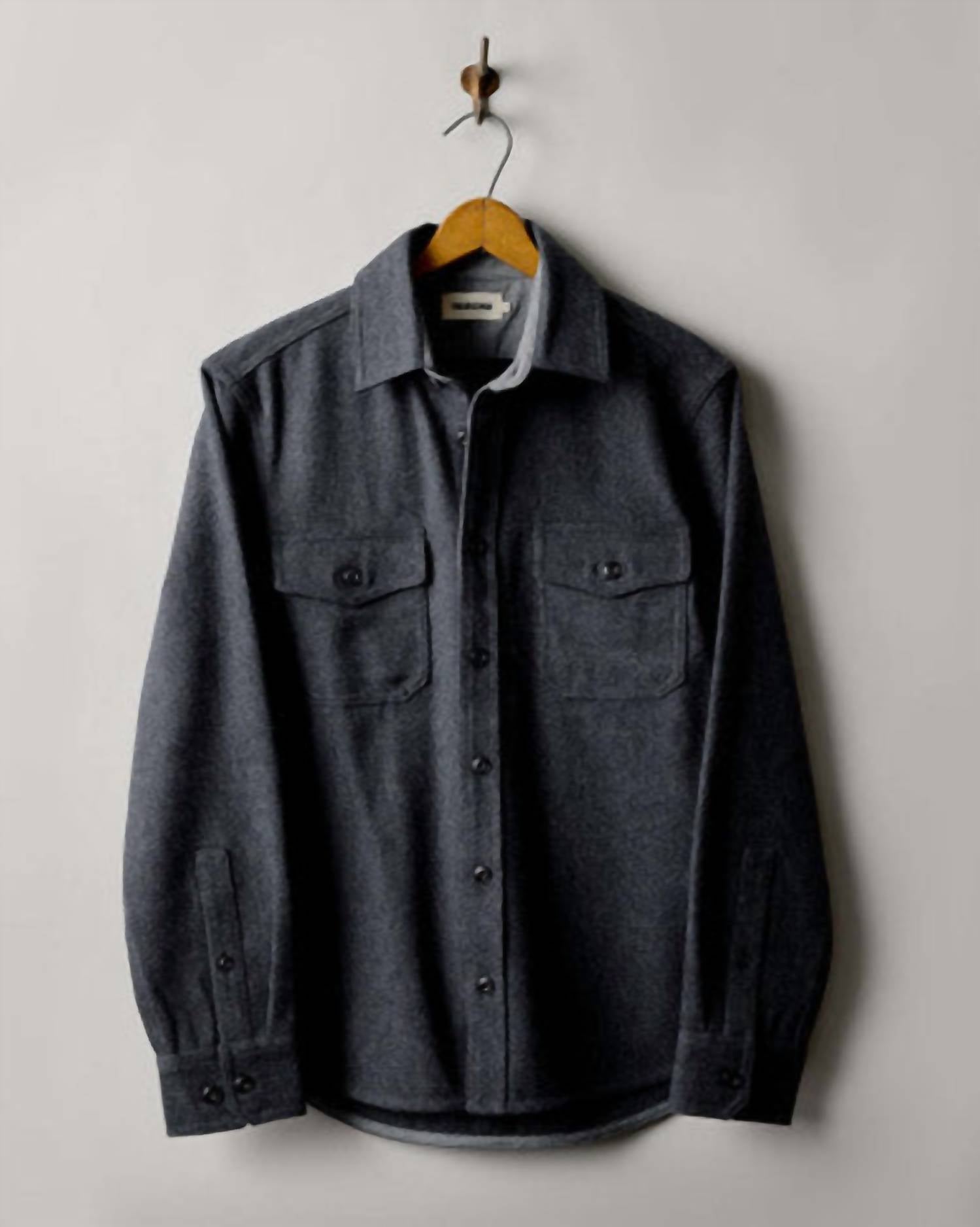 Taylor Stitch Men's Cpo Shirt in heather slate twill - men's long sleeve top - detail view