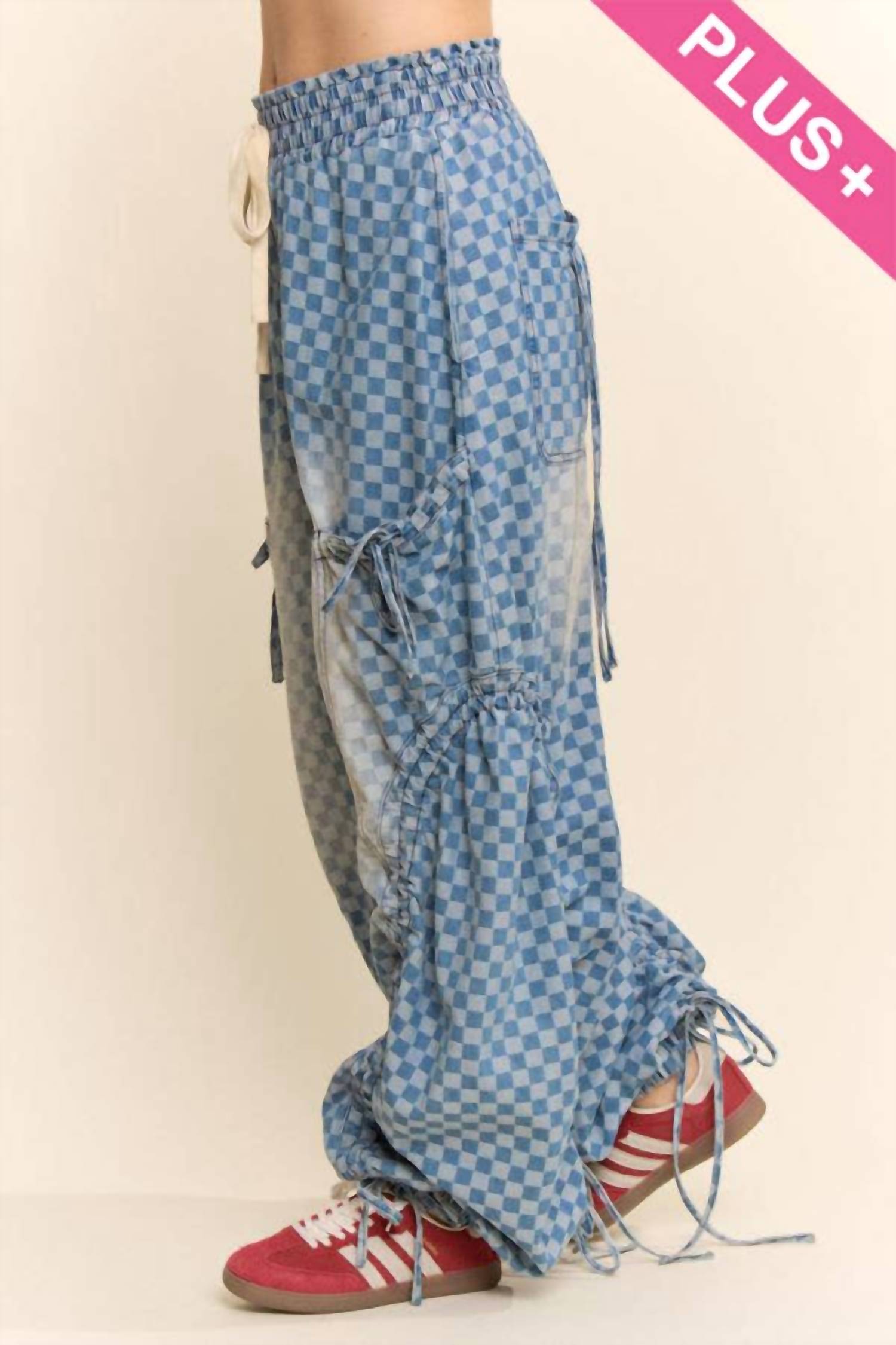 Davi & Dani - Women's Checkerboard Ribbon-ruched Parachute Pants
