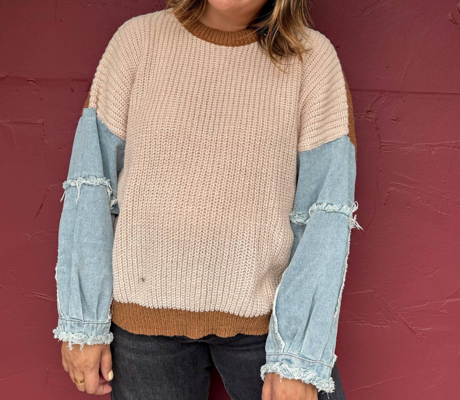 Urban Daizy - Denim Sleeve Colorblock Sweater