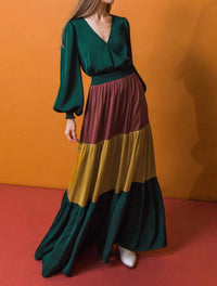 Flying Tomato - Solid Satin Color Blocked Maxi Dress