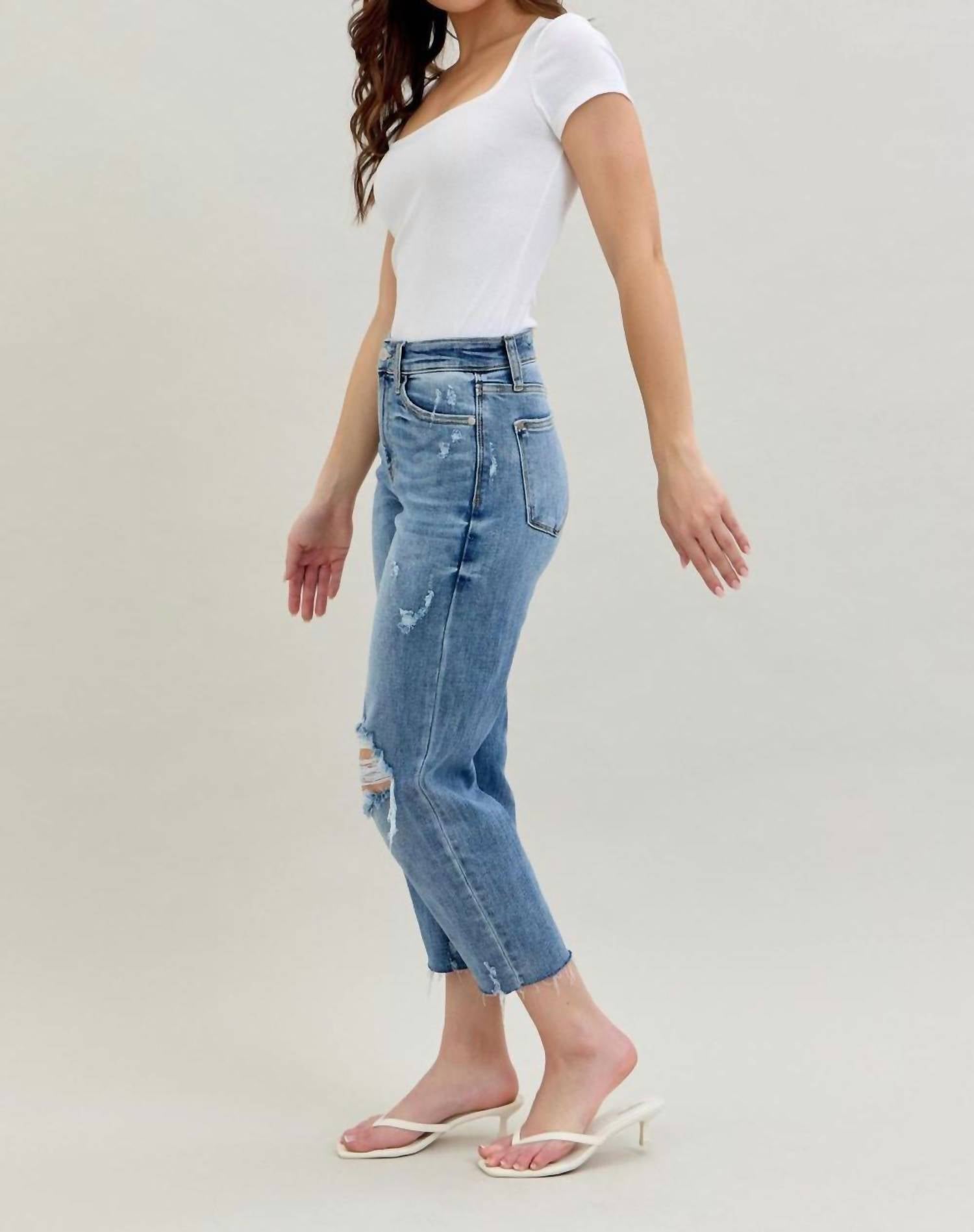 Judy Blue High Waist Destroy Wide Leg Crop Denim Jeans in light blue - women's jeans - view 6