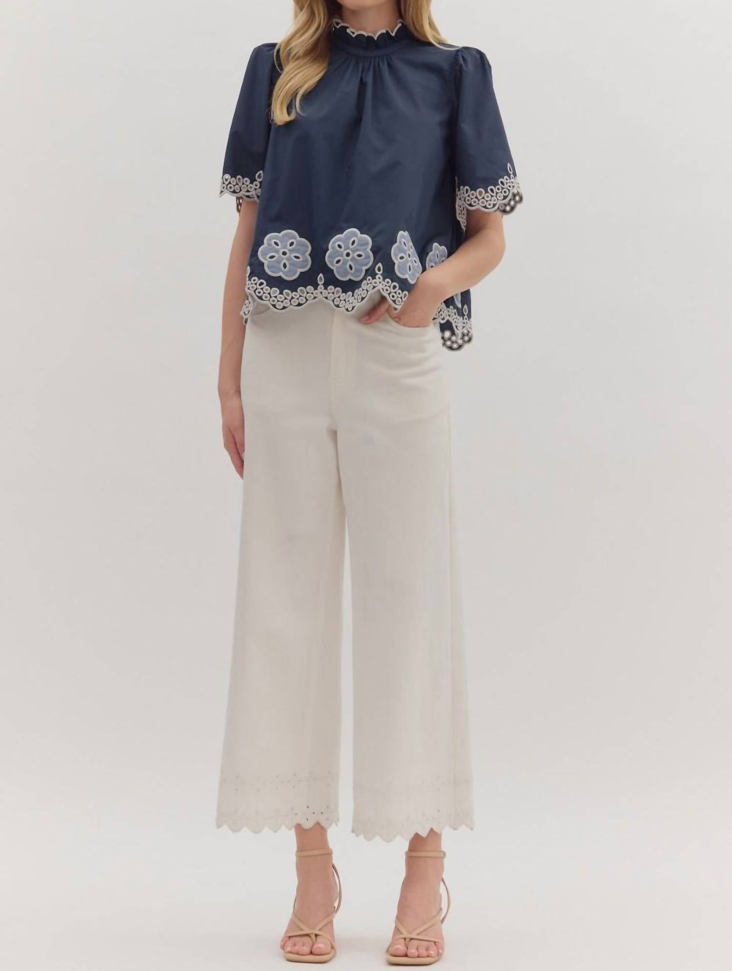 Entro - Flutter Embroidered High Neck Top
