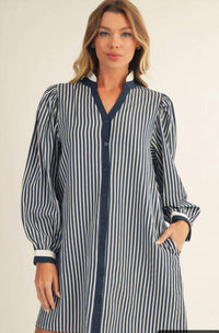 Jodifl - Women's Long Puff Sleeves Button Down Stripe Shift Dress