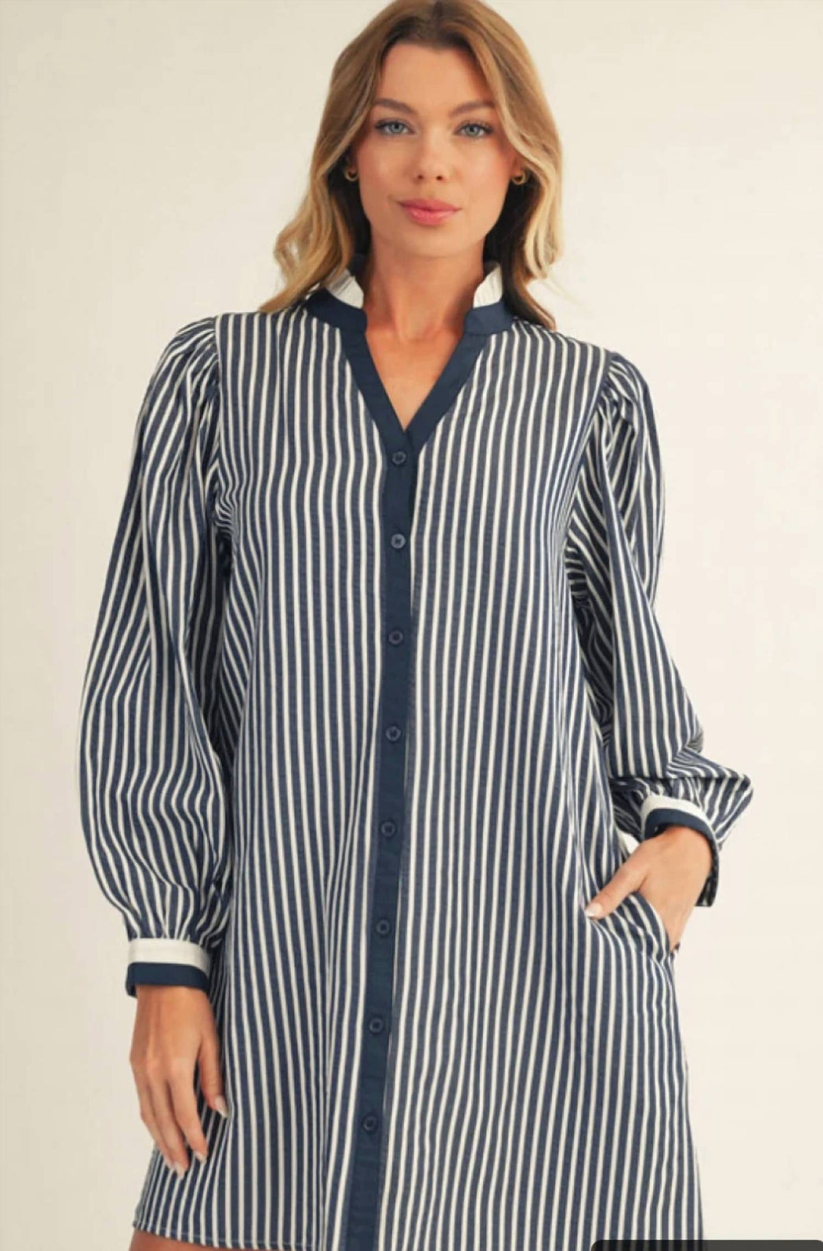 Jodifl - Women's Long Puff Sleeves Button Down Stripe Shift Dress