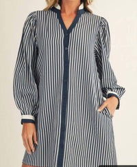 Jodifl - Women's Long Puff Sleeves Button Down Stripe Shift Dress