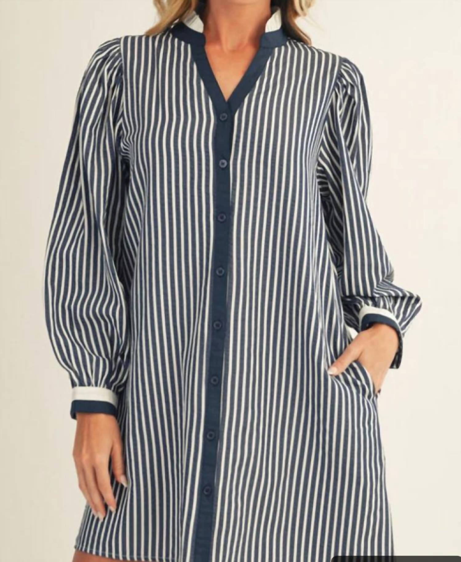 Jodifl - Women's Long Puff Sleeves Button Down Stripe Shift Dress