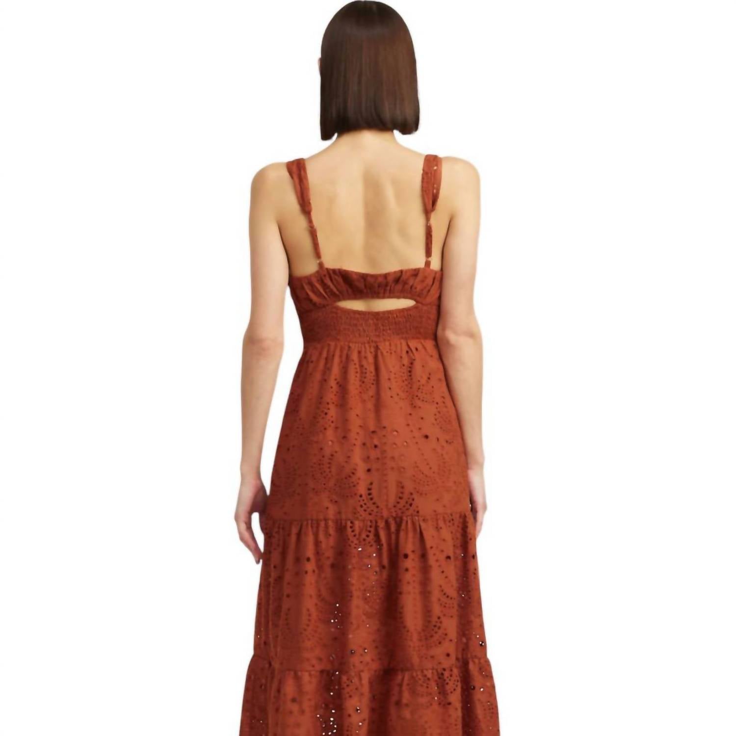 Jacquie The Label Take Her Everywhere Eyelet Corset Midid Dress in terracotta - women's dress - detail view