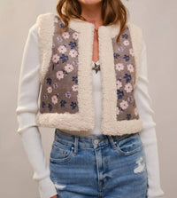 Blue B - Sherpa Lining Flower Print Faux Suede Vest