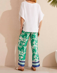 TRIBAL Petra Printed Pull On Wide Leg Pants With Drawstring in jademist - women's pants - detail view