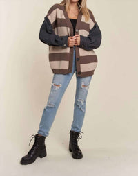 Madelyn - DENIM SLEEVE STRIPE SWEATER CARDIGAN