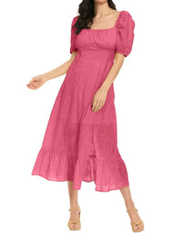 LONDON TIMES Square Neck eyelet Midi Dress in pink lemonade - women's dress